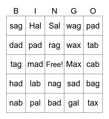 CVC a Word Bingo Card