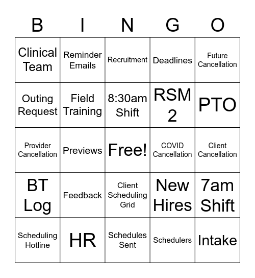Scheduling Bingo Card
