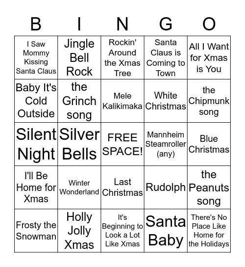 xmas song bingo Card