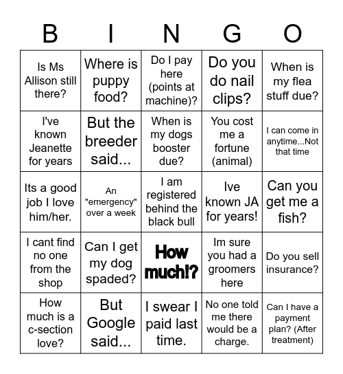 Vets4Pets Bingo Card