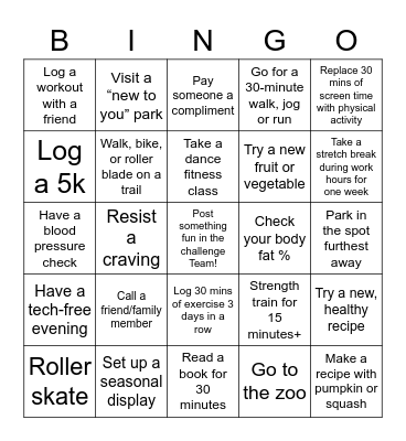 Vibrant Living's Fall into Healthy Habits Bingo Card