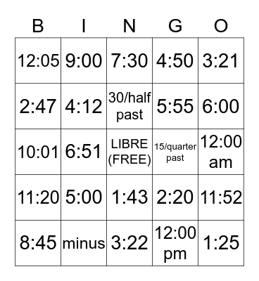 Spanish Time Telling Bingo Card