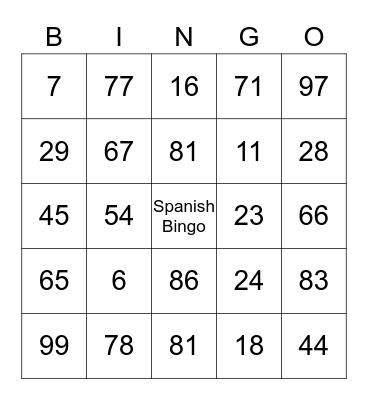 Numbers Bingo Card