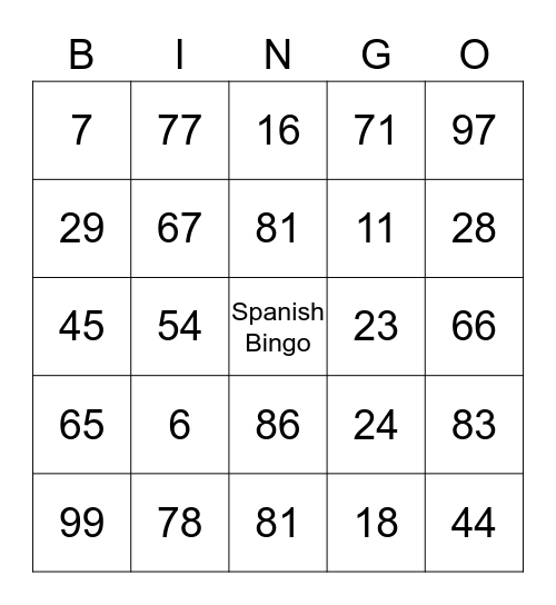 Numbers Bingo Card