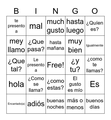 Spanish Greetings/Introductions Bingo Card