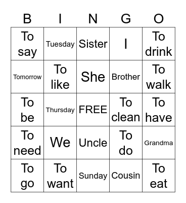 English Words Bingo Card