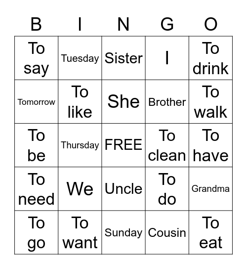 English Words Bingo Card