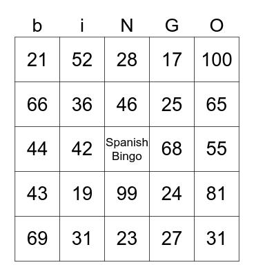 Numbers Bingo Card