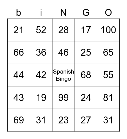 Numbers Bingo Card