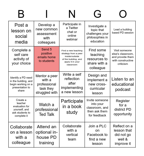 Fox High School DIY PD Bingo Card