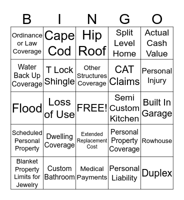 Home Insurance Bingo  Bingo Card