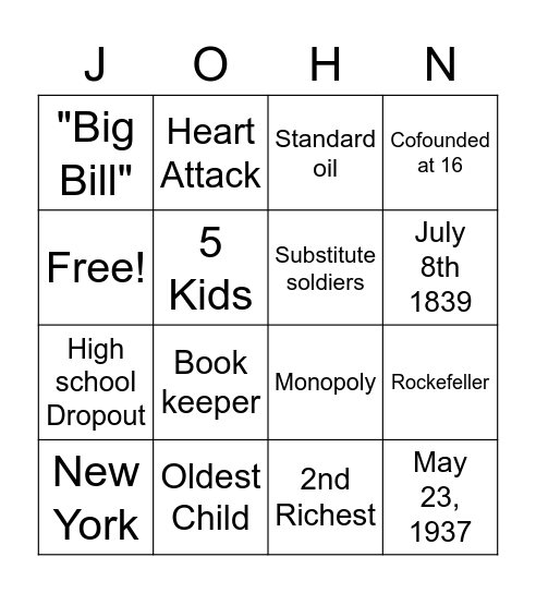 John D Rockefeller Bingo Card