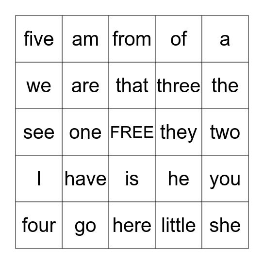 Sight Words #1 Bingo Card