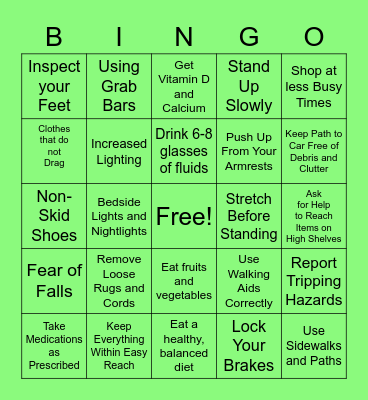 Fall Prevention Bingo Card