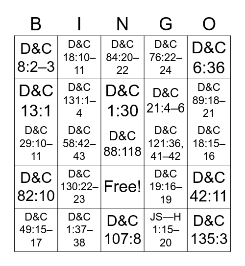 Doctrine and Covenants Doctrinal Mastery Bingo! Bingo Card