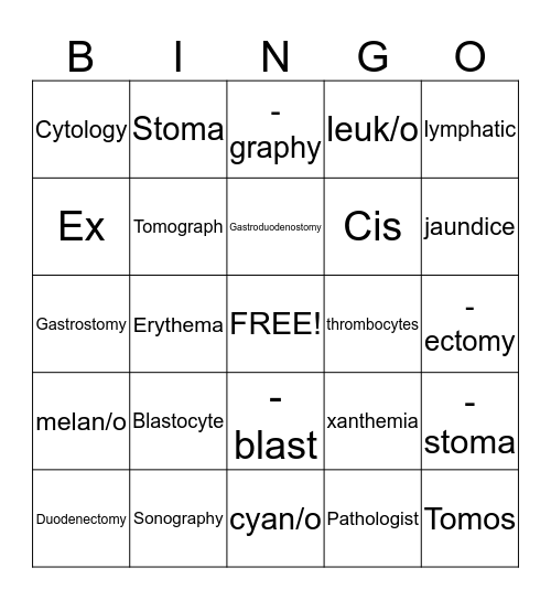 Surgical Suffixes, Hemotology, and Diagnostic Imaging Bingo Card