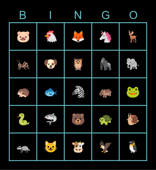 Animal Bingo Card