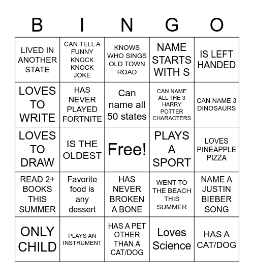 Getting To Know Your Classmates Bingo Card