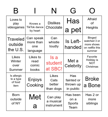 SBC First Day Introduction Bingo Card