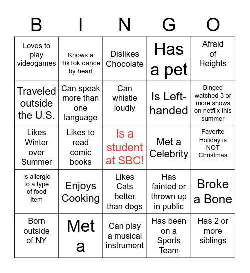 SBC First Day Introduction Bingo Card