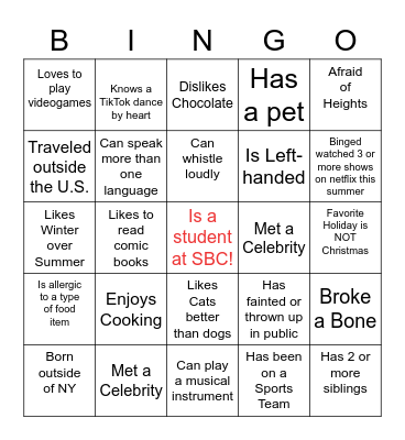 SBC First Day Introduction Bingo Card