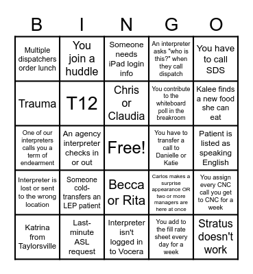Language Services Dispatch Bingo - Phone Calls Only! Bingo Card
