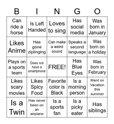 Get to Know Me Bingo Card