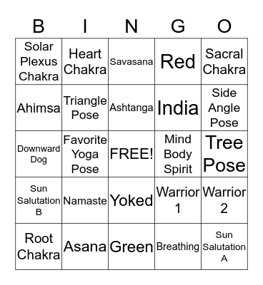 Yoga Bingo Card