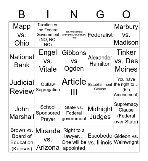 Judicial Branch Bingo Card