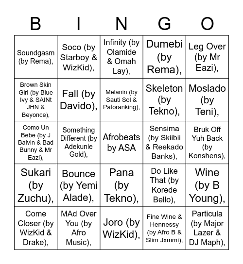 ASA Musical Bingo Card