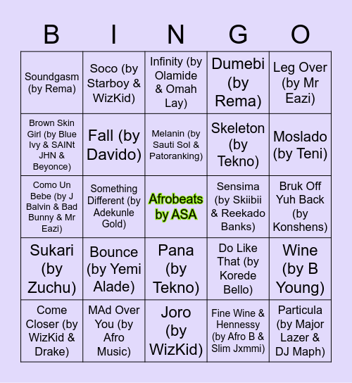 ASA Musical Bingo Card