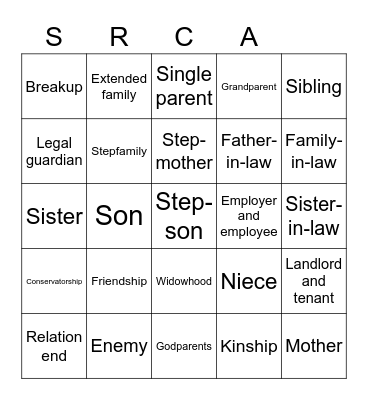RELATIONSHIP Bingo Card