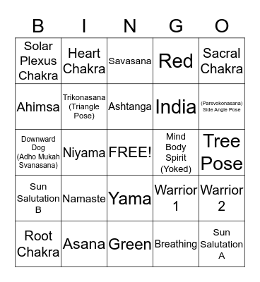 Yoga Bingo Card