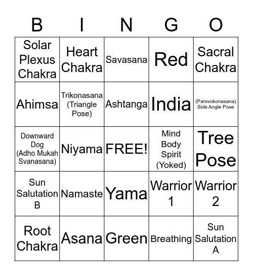 Yoga Bingo Card