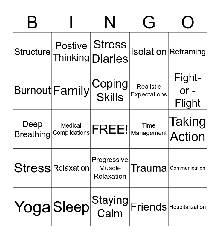 Stress Management Bingo Card