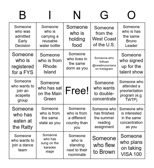 First Year Festival Bingo! Bingo Card