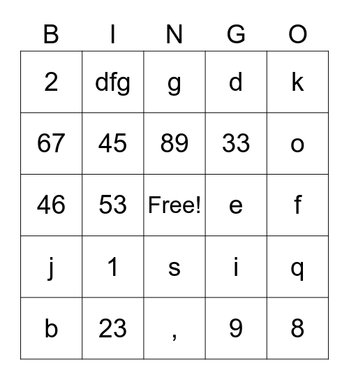 english Bingo Card