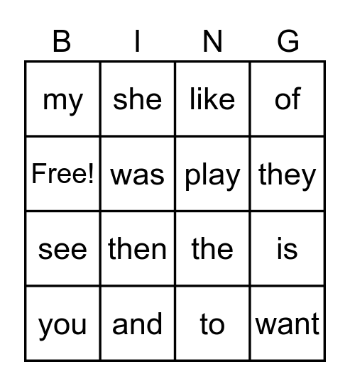 Kindergarten Bingo Card