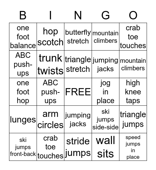 P. E.  Bingo Card