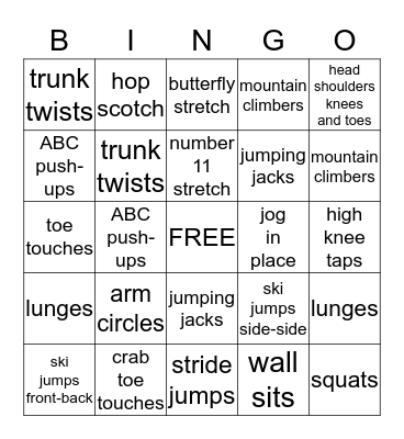 P. E.  Bingo Card