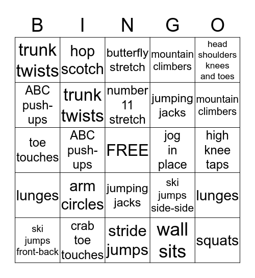 P. E.  Bingo Card