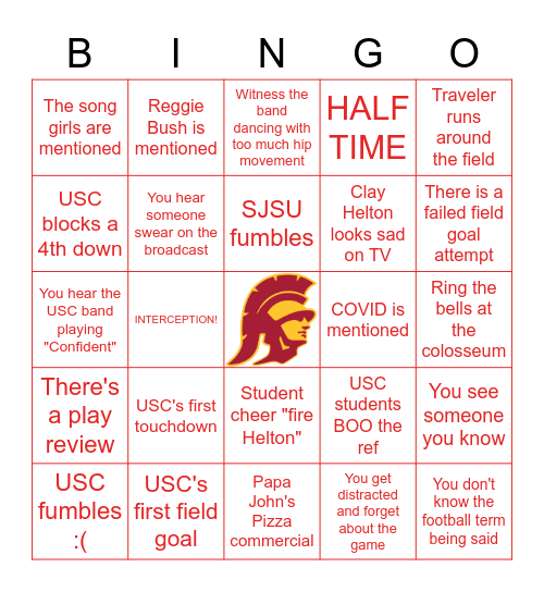 USC vs SJSU BINGO Card