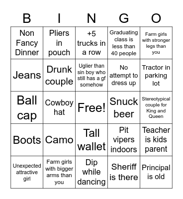 Redneck Hoco Bingo Card