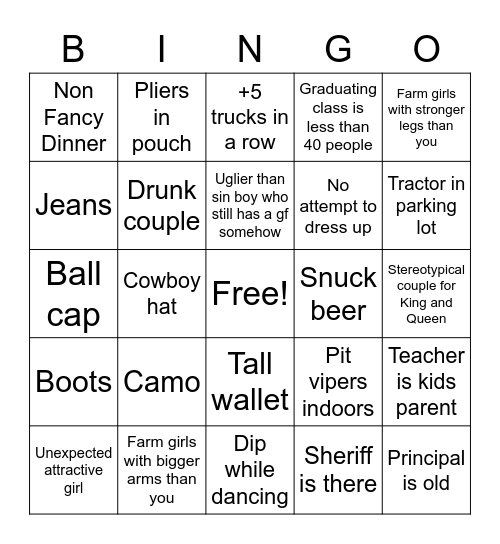 Redneck Hoco Bingo Card