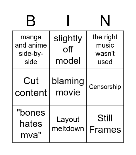 MHA Twitter Rage Bingo Card