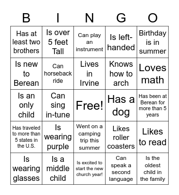 Fifth and Sixth Grade Bingo Card