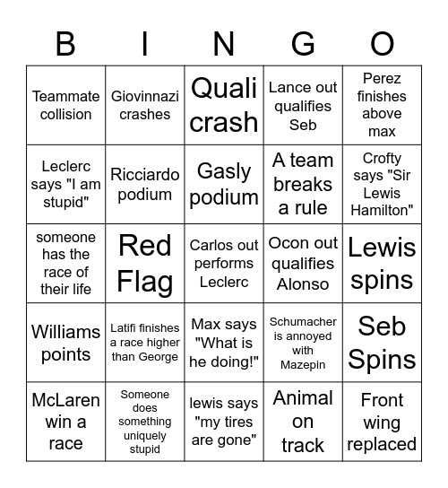 F1 2021 Bingo Card