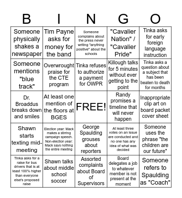 School Board Bingo Card