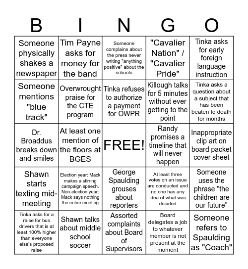 School Board Bingo Card
