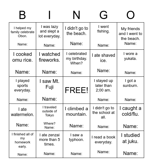 What Did You Do During Summer Vacation? Bingo Card